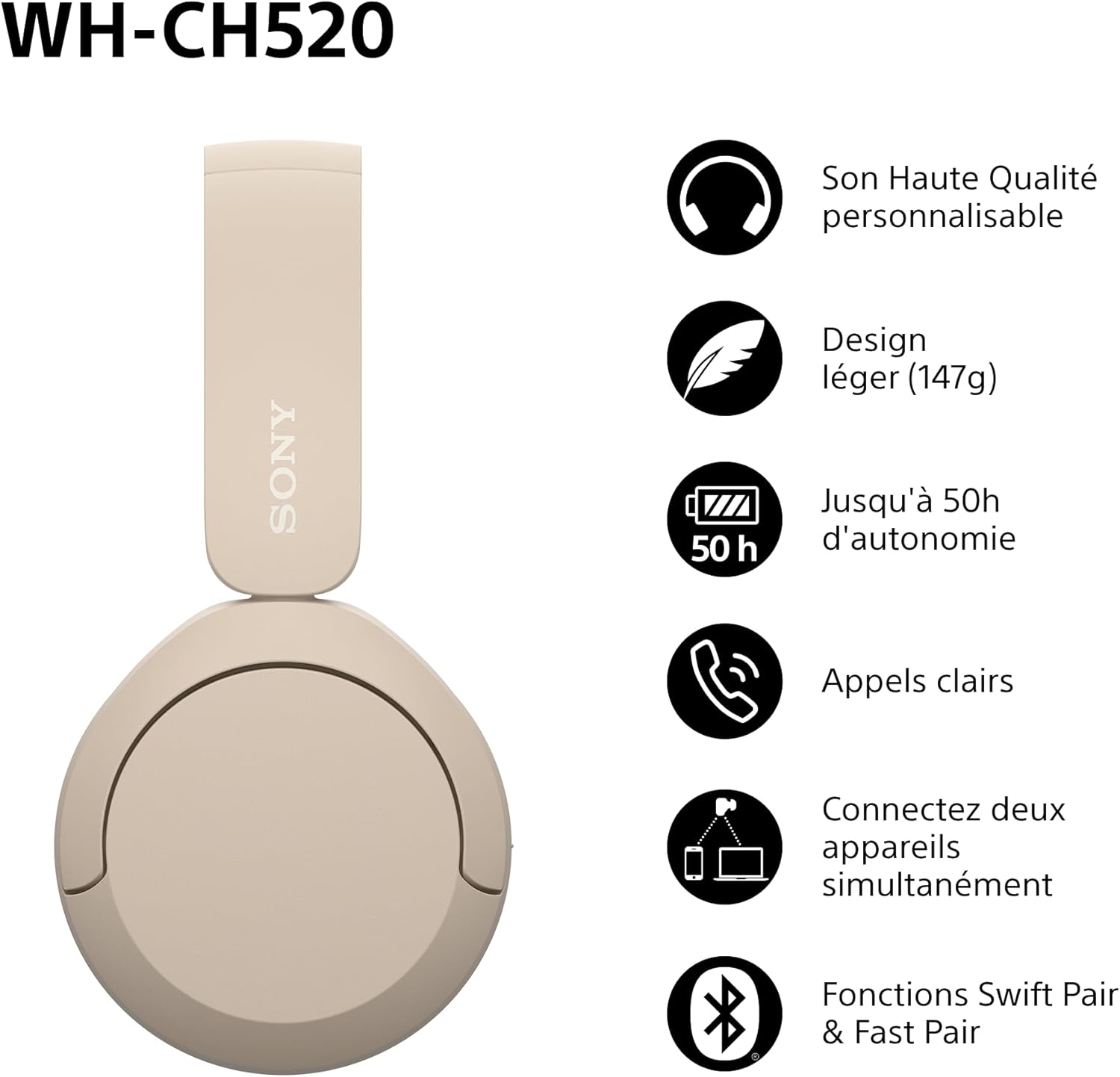 Sony - WH-CH520 série - casque sans fil, Bluetooth, 50h autonomie, beige