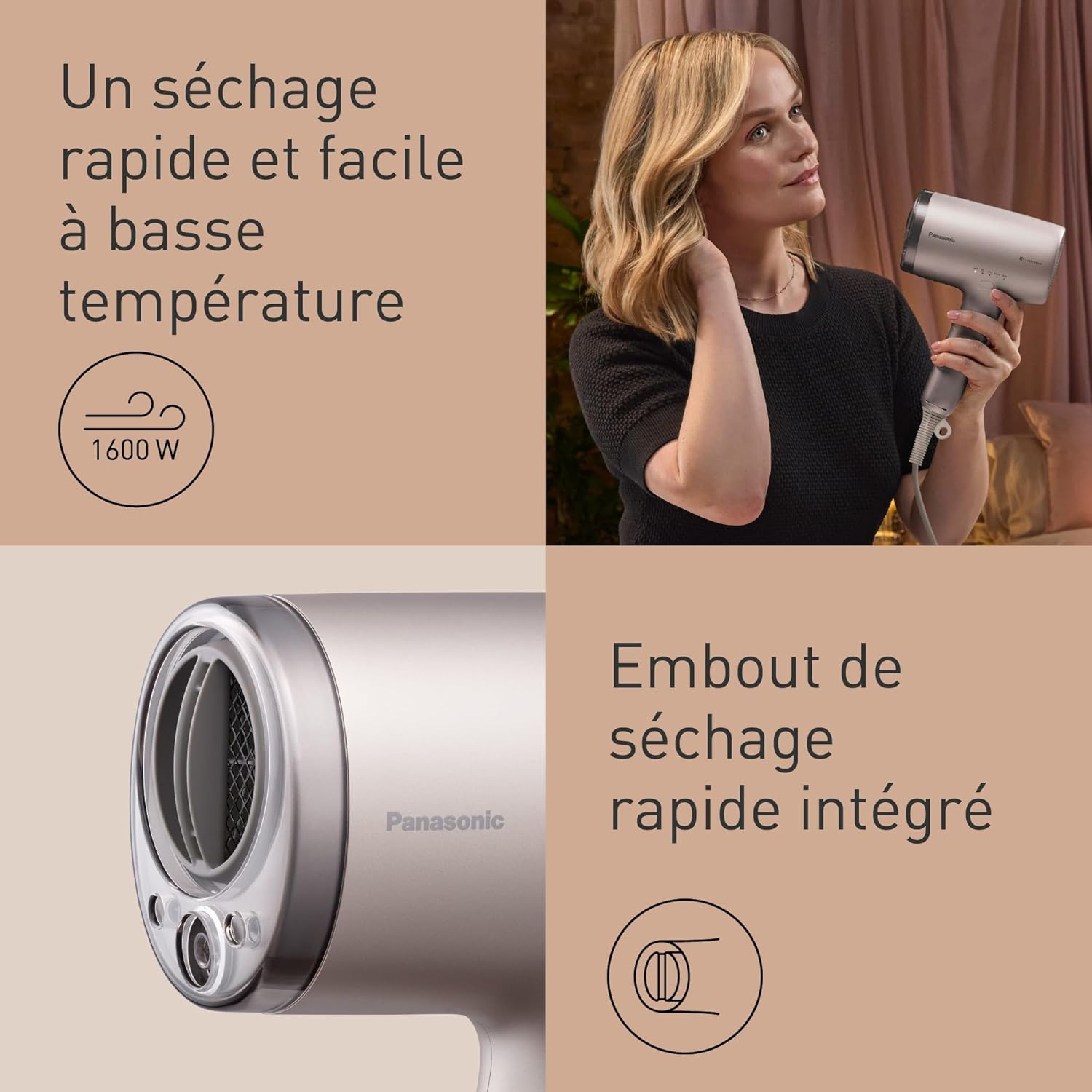 Panasonic - Sèche-cheveux Nanoe & Ions, 1600W, modes soin, EH-NA9N-E825