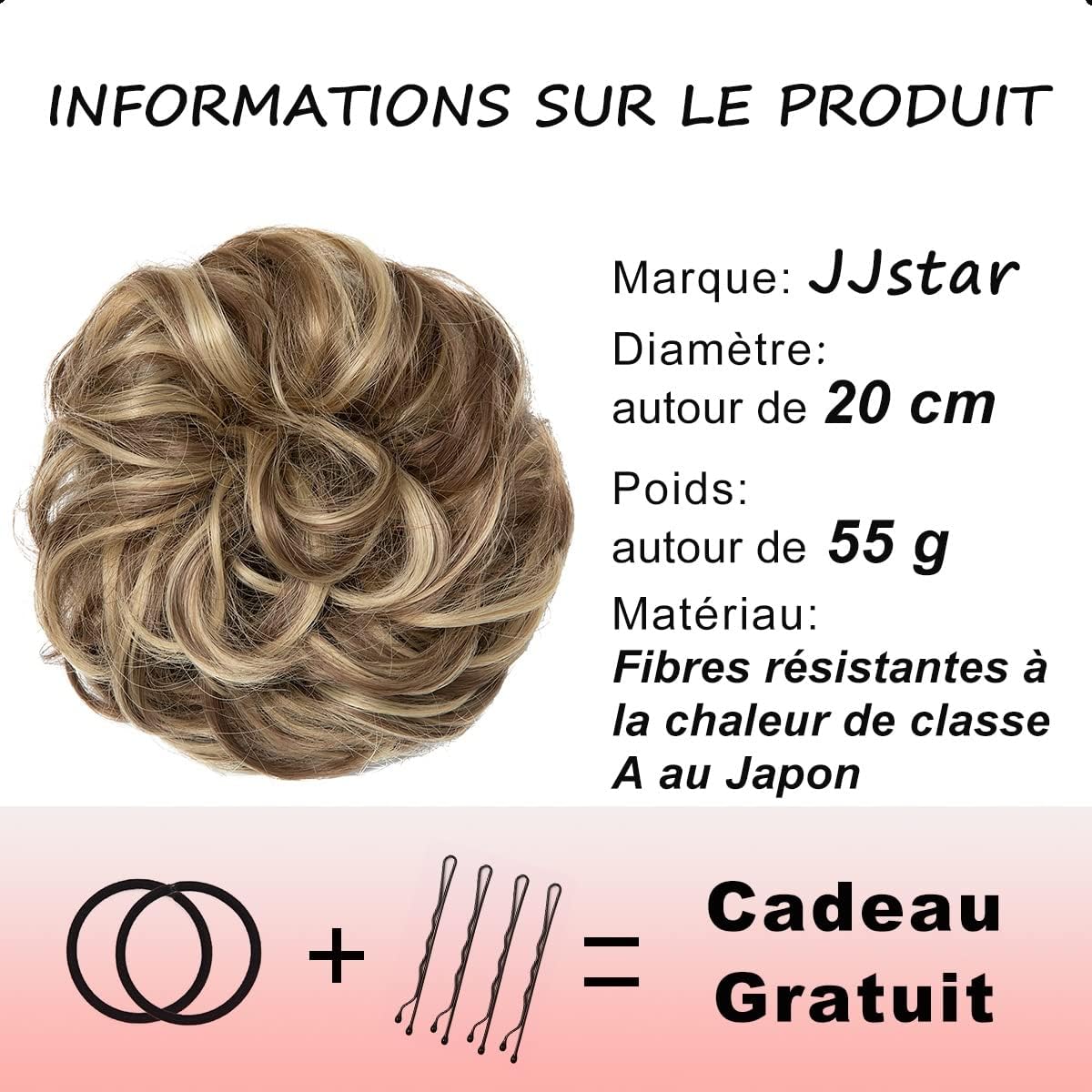 JJstar - chignon postiche bouclé, élastique, cheveux naturels, brun/blond