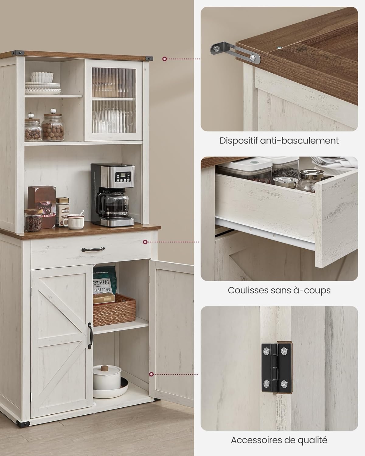 VASAGLE - meuble de rangement campagne, 39,5x80,4x180,6cm, éclairage, étagères, ports USB, BBK363W22V1