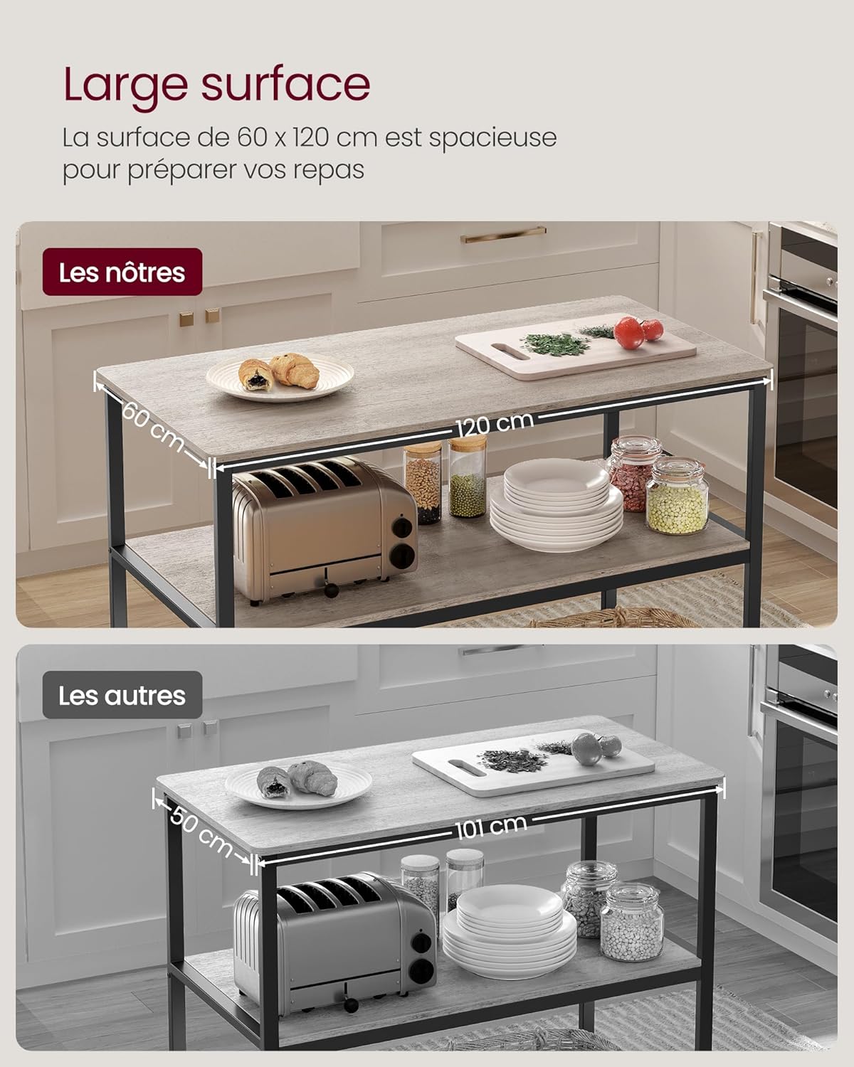 VASAGLE - îlot de cuisine industriel, 60x120x90 cm, 3 étages, KKI001B02