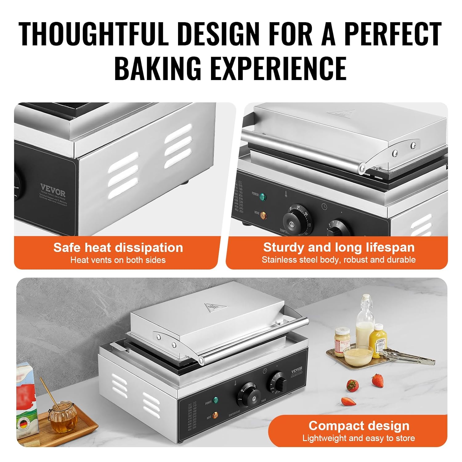 VEVOR - Gaufrier commercial 6 pièces - 1500W, acier inoxydable, contrôle température