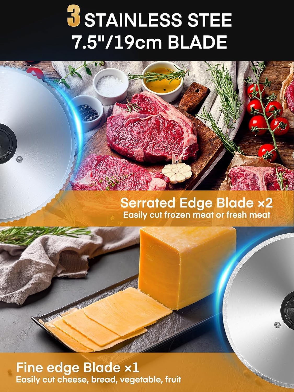 Trancheuse électrique - 250W, 19cm, 3 lames inox, épaisseur réglable, sécurité