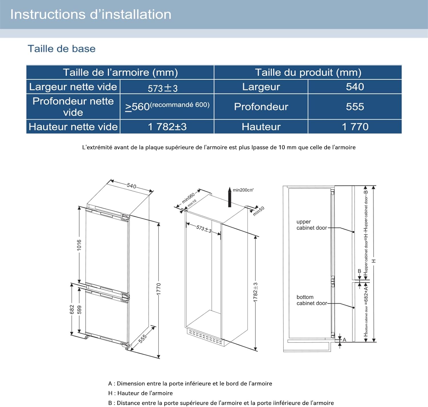Réfrigérateur-congélateur encastrable - 177 cm - No Frost Plus, 248L, portes réversibles