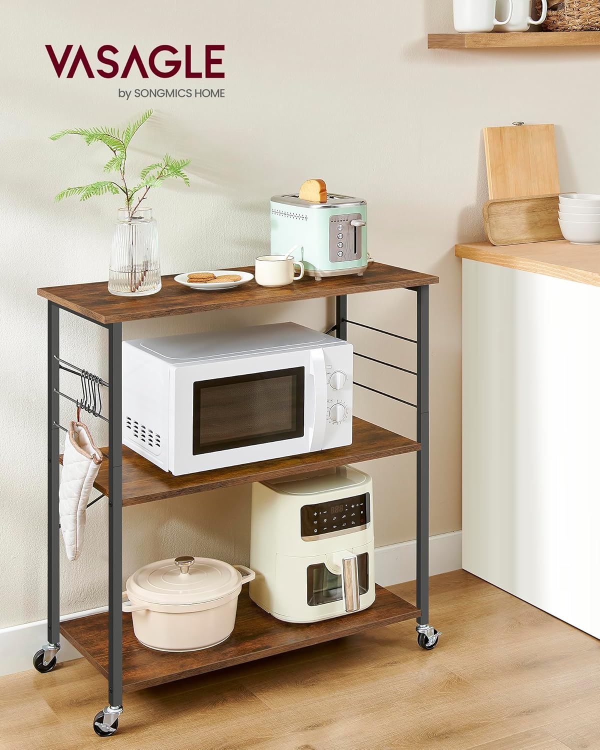 VASAGLE - Chariot cuisine 3 niveaux 40x80x89cm, 6 crochets, KKS067K01