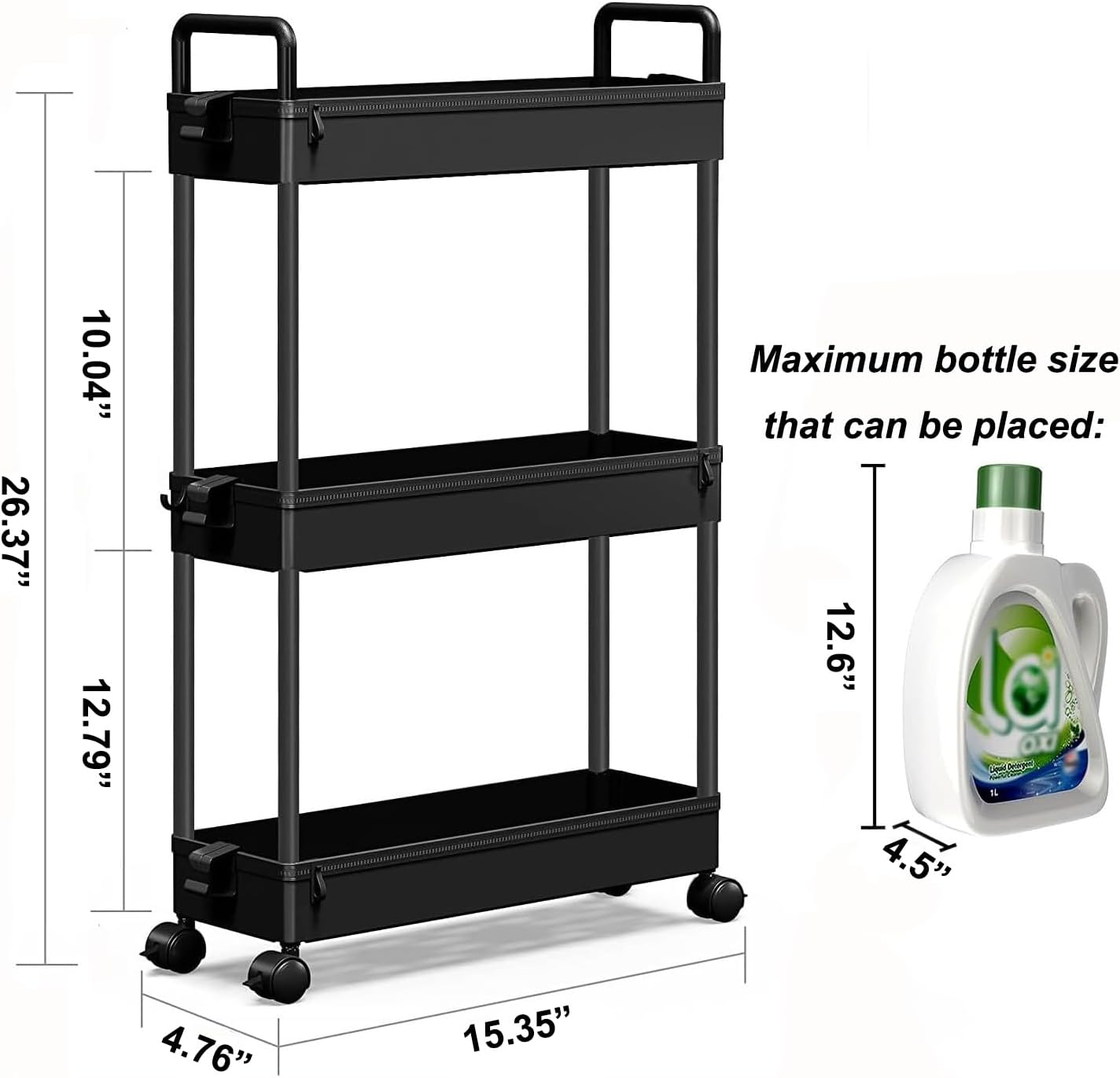 SOLEJAZZ - Chariot de rangement 3 étagères plastique, noir, mobile, compact - SOLEJAZZ