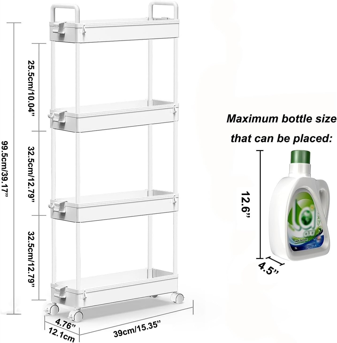 SOLEJAZZ - Chariot de rangement 4 étagères, plastique, étroit, mobile, blanc