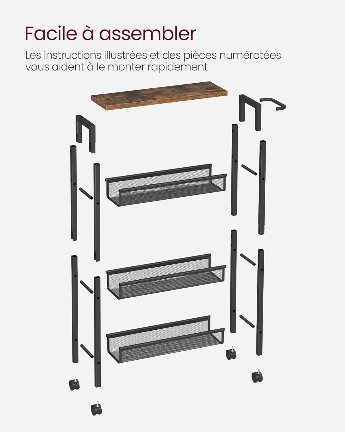 VASAGLE - desserte 4 niveaux - 13x45,4x77cm - acier, roulettes, compact - LRC032B01V1