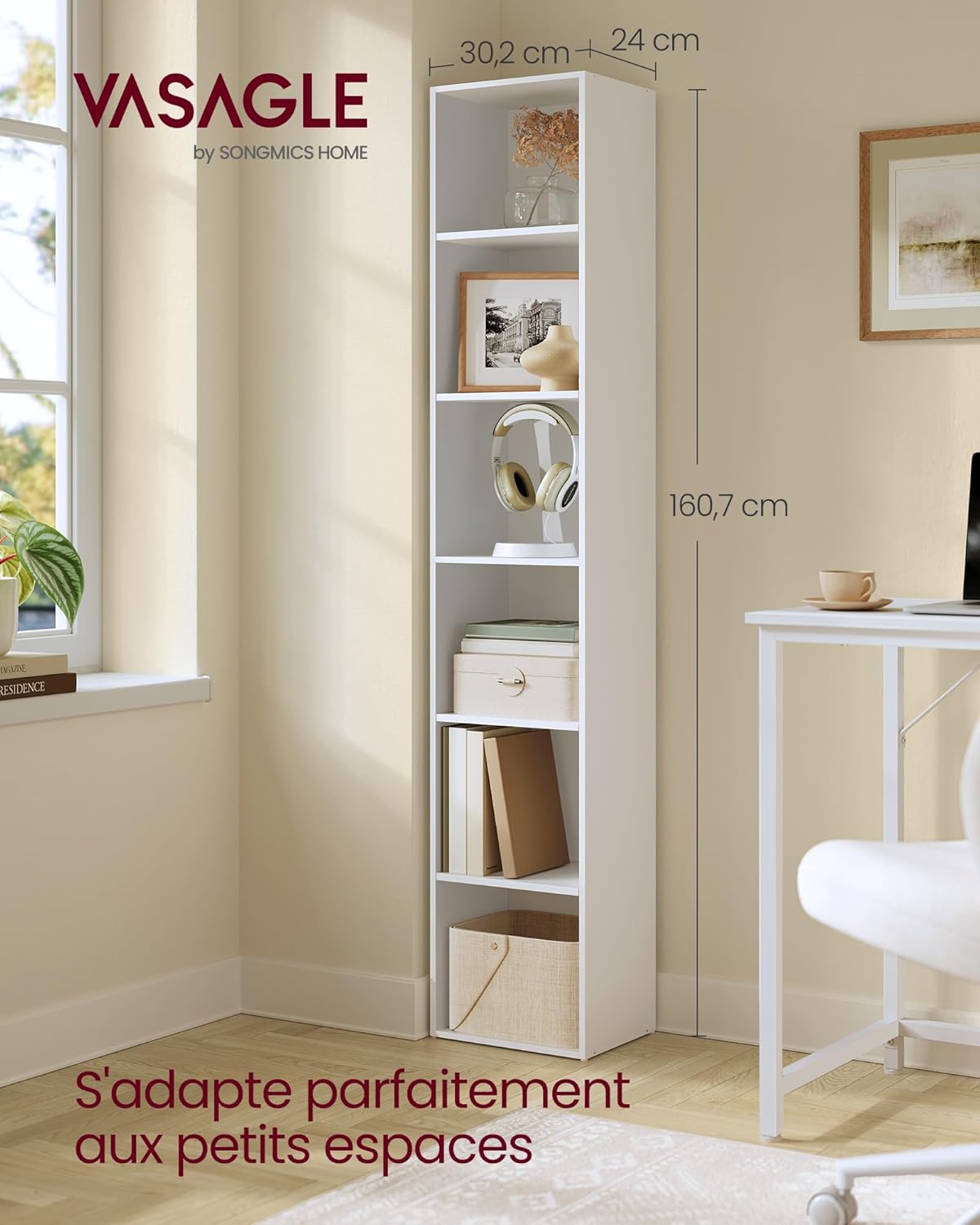 VASAGLE - bibliothèque 6 niveaux, 24x30,2x160,7 cm, blanc, LBC411W01