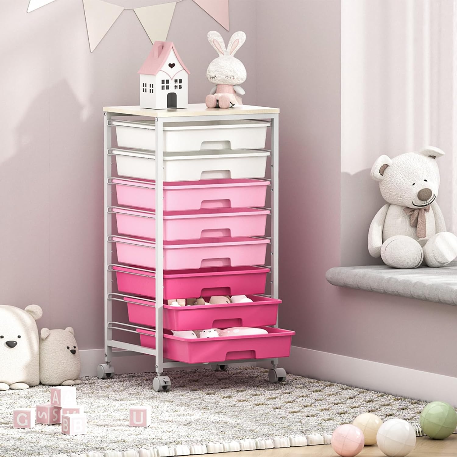 Chariot de Salle de Bain - 8 tiroirs, roulettes, plateau bois, rose, grande capacité