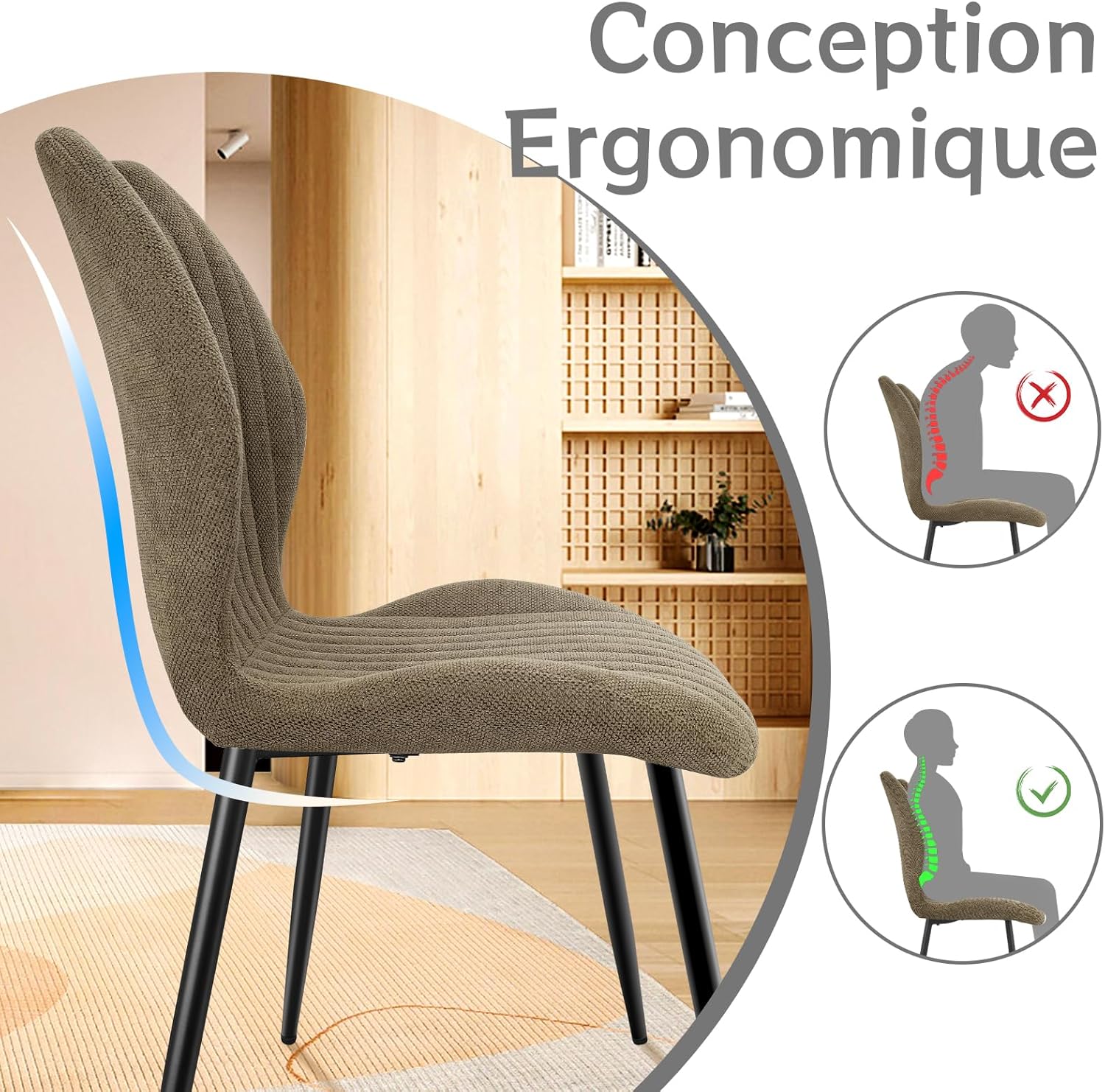 Chaises de salle à manger - tissu kaki, pieds métal, lot de 6, confortables