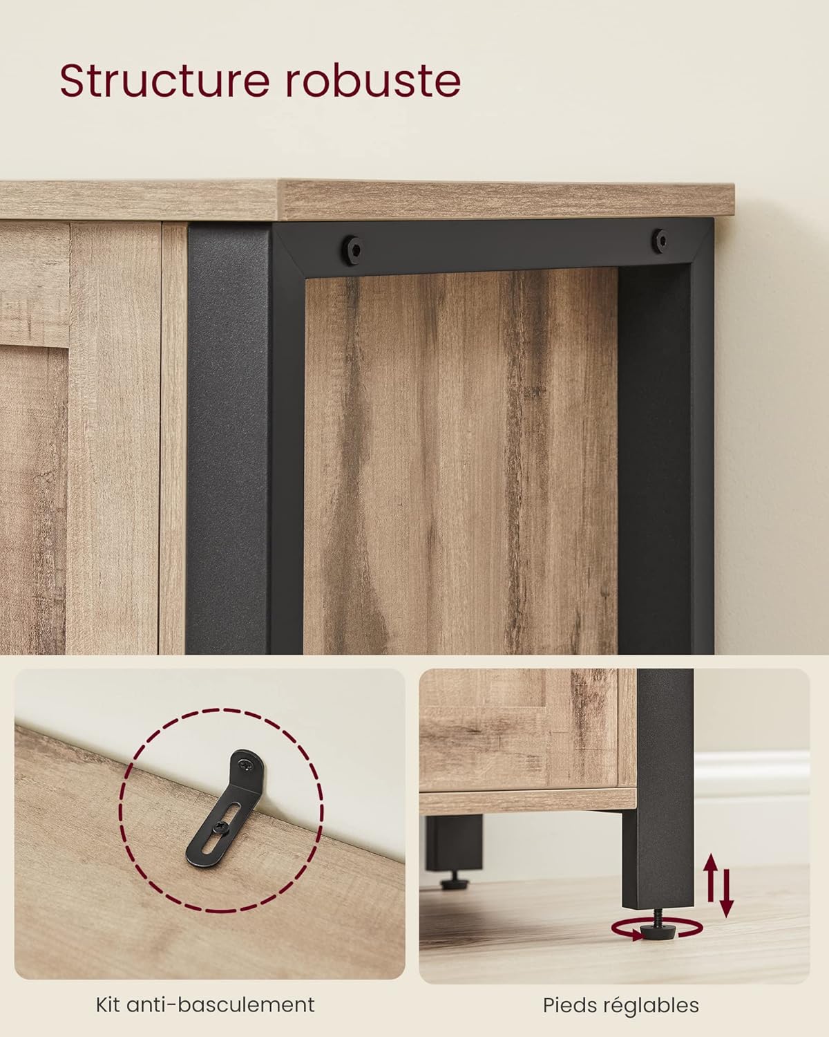 VASAGLE - Buffet style rustique, 110x33x75 cm, 3 portes cuisine LSC096B50