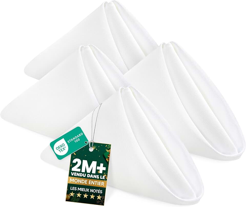 KICHLY - serviettes tissu lot 24, 43x43 cm, polyester blanc doux, réutilisables