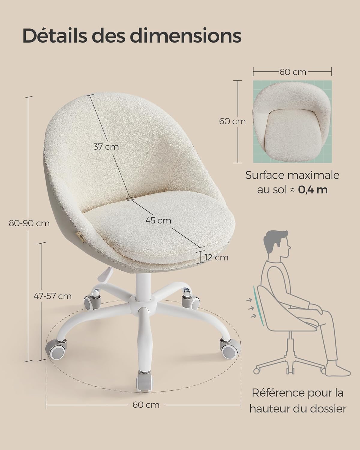 Songmics - fauteuil bureau peluche PU, hauteur réglable, confort OBG020W01