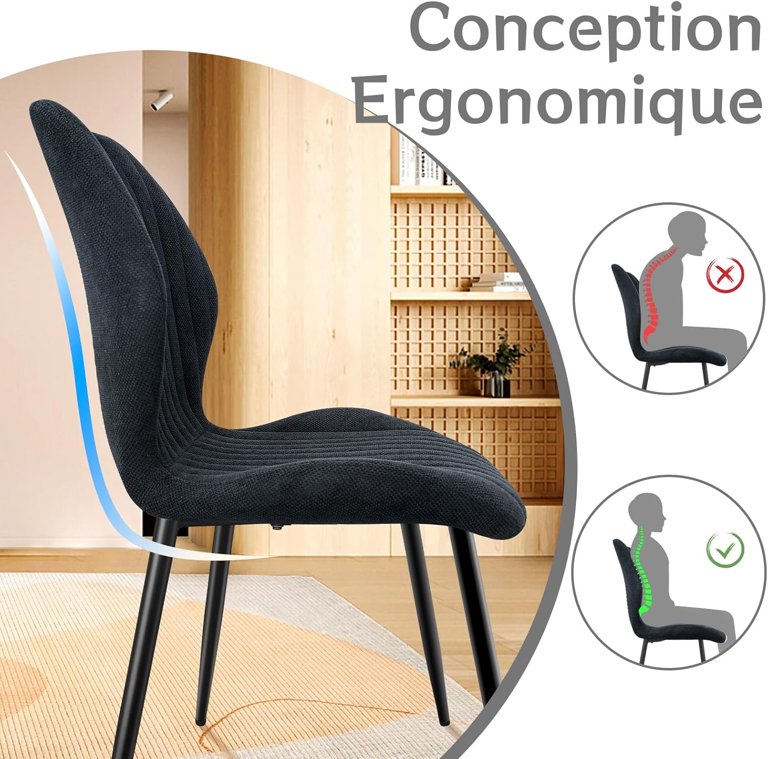 Chaises de salle à manger - lot de 6 - tissu gris foncé, pieds métal, dossier tapissé, assise confortable