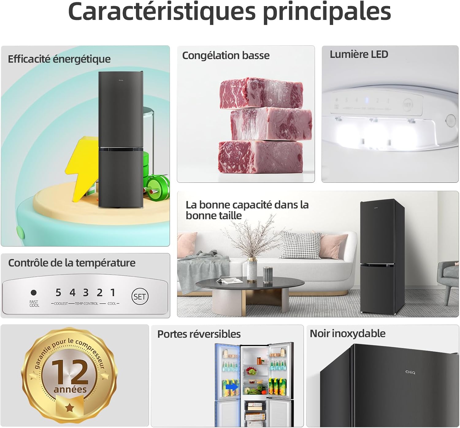 CHIQ - réfrigérateur congélateur bas - 157L - faible bruit, low frost, refroidissement rapide, compact - CBM159LEBD