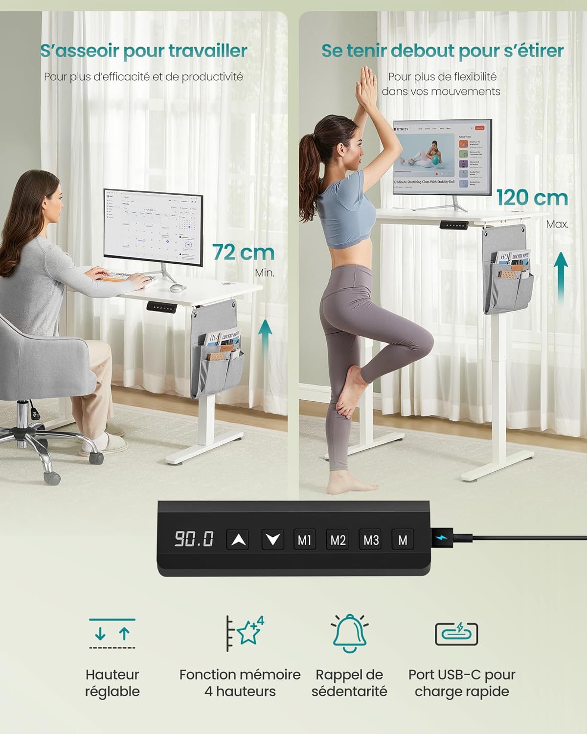 SONGMICS - bureau électrique - 100x60cm - réglable, mémoire, blanc - LSD130WZ01