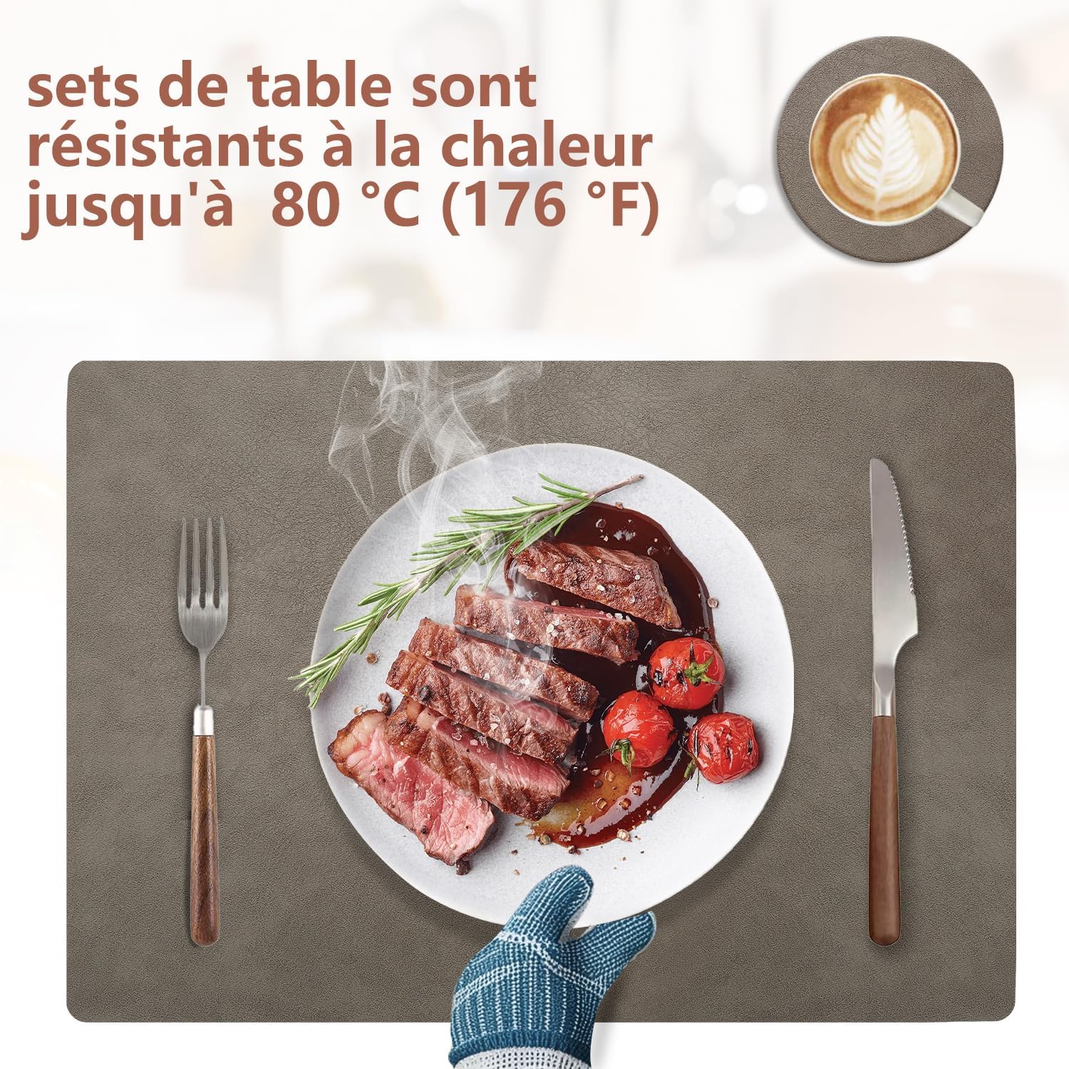 Set de table - lot de 6, cuir PU double face, 43x30cm, lavable, antidérapant