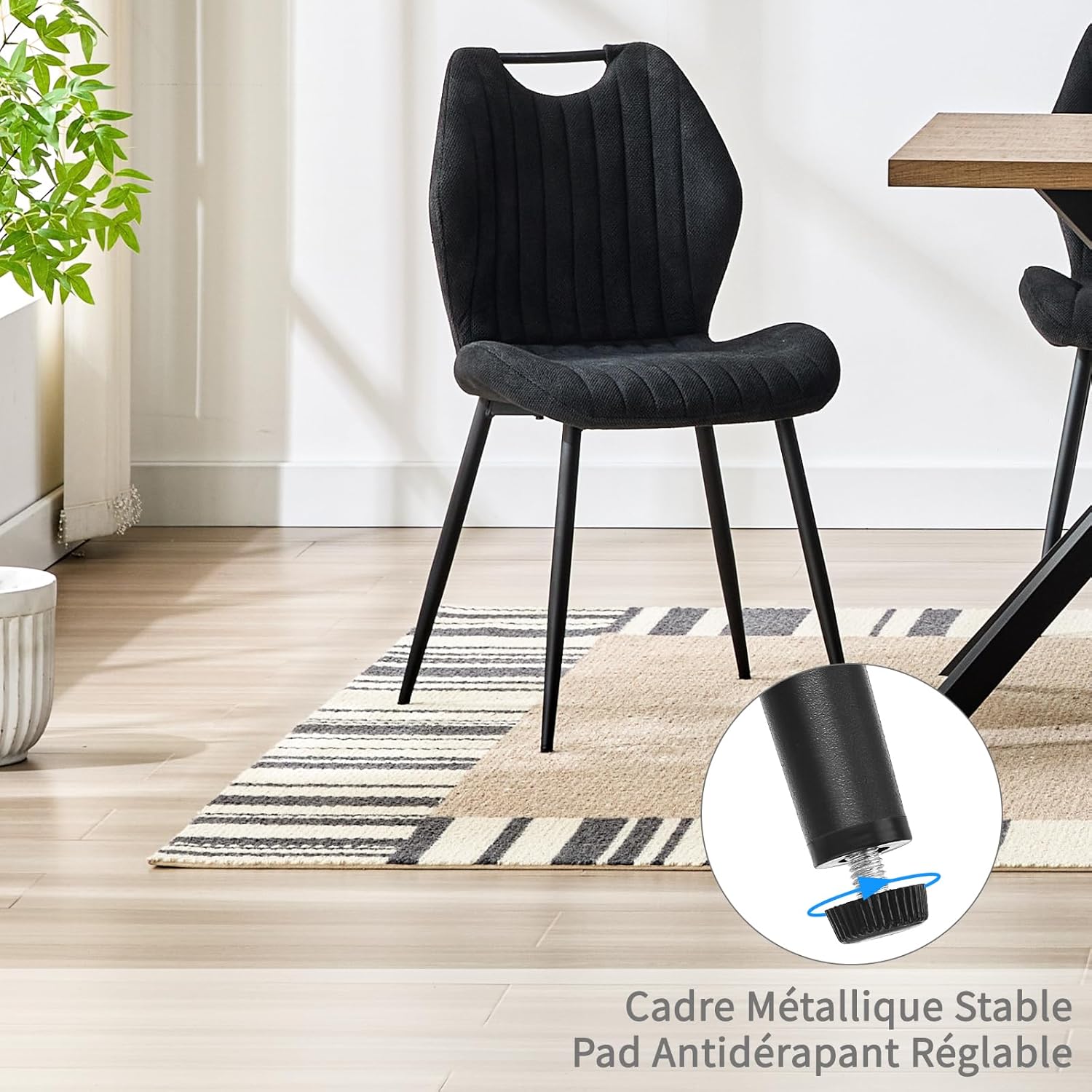 Chaise de salle à manger - tissu noir, pieds métal, lot de 2, dossier confortable