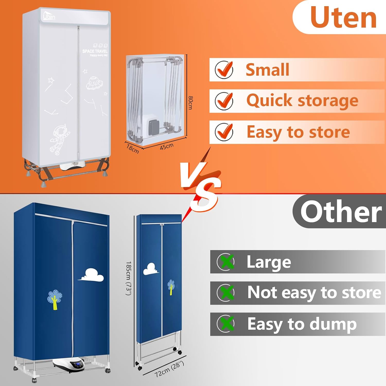 Séchoir électrique pliable - 1500W, 15kg, sac rangement, gris