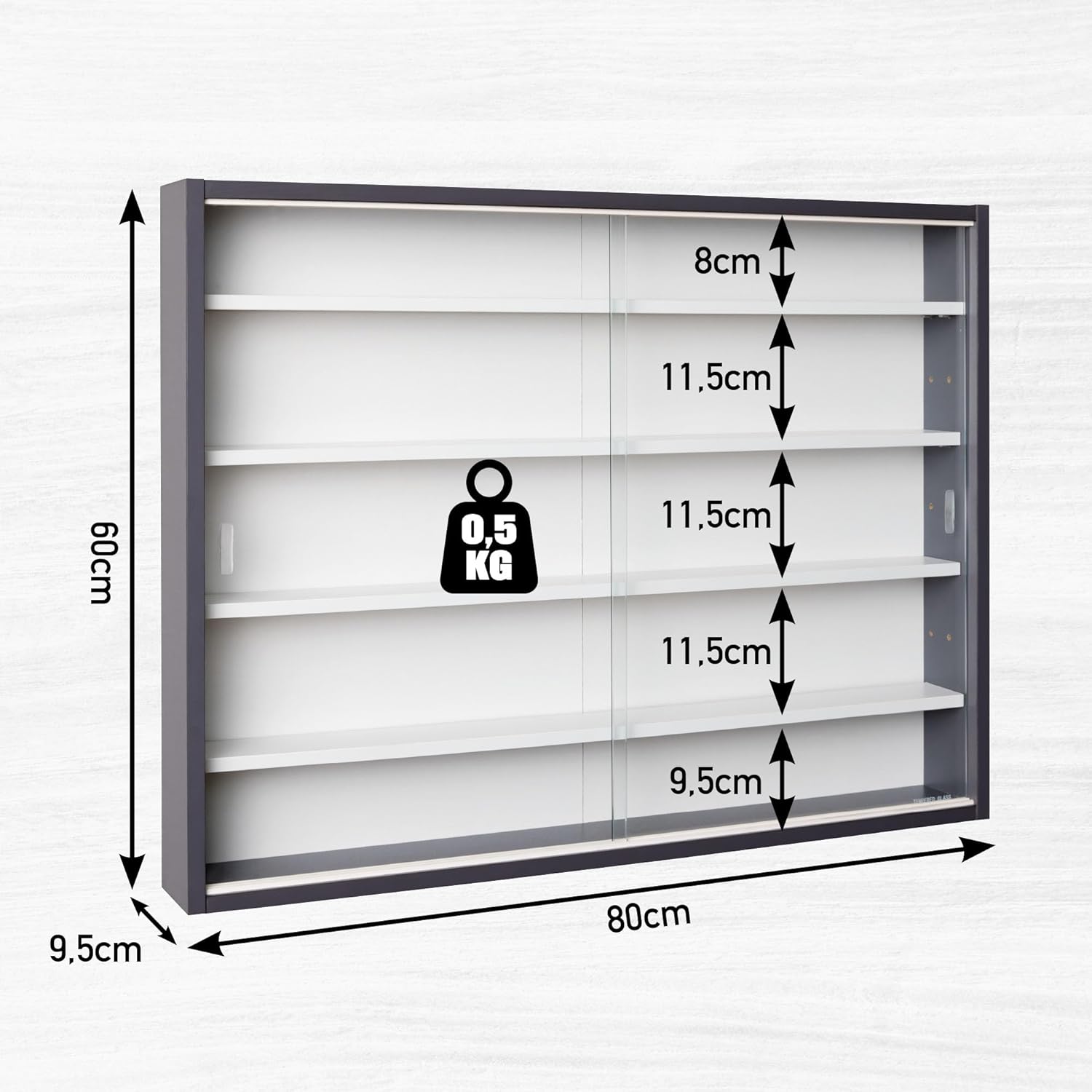 Inter Link - Collecty - 80x60x9.5 cm - vitrine murale 4 étagères, 5 compartiments, MDF gris/blanc