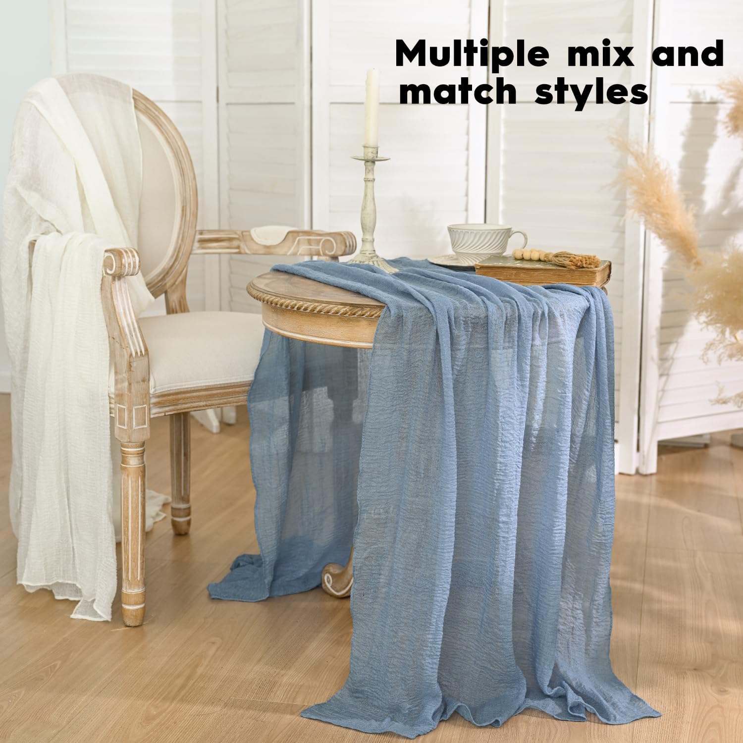 Artoid Mode - série Chemins de Table - 300 cm - gaze mousseline bleu bohême, idéal mariage/anniversaire