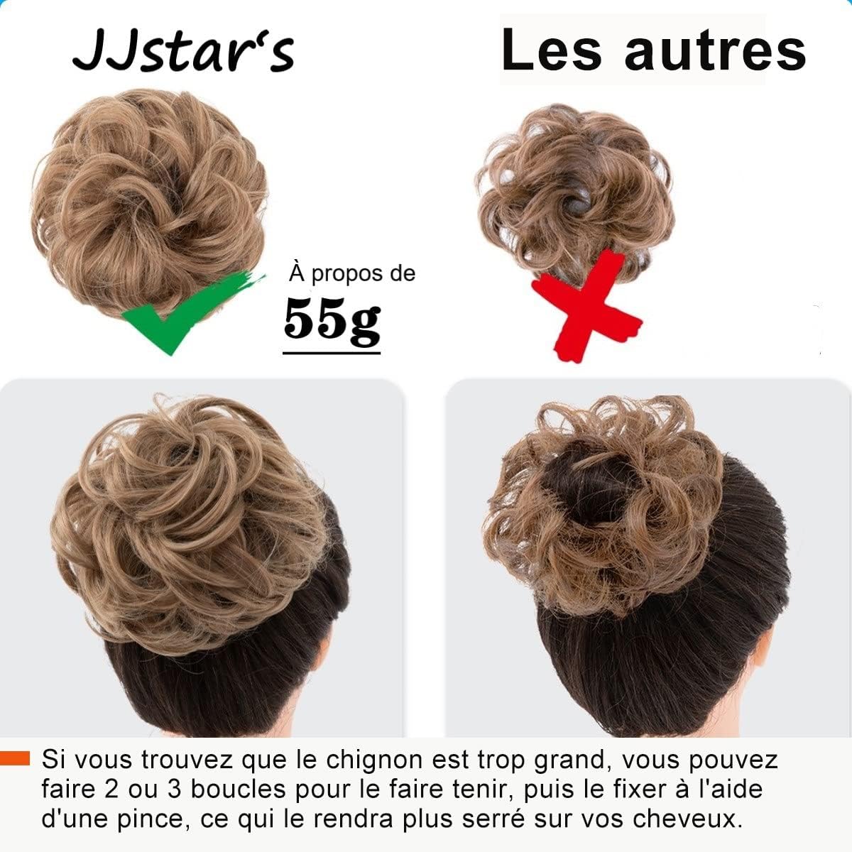 JJstar - Chignon Postiche Bouclé, élastique, cheveux naturels, blond