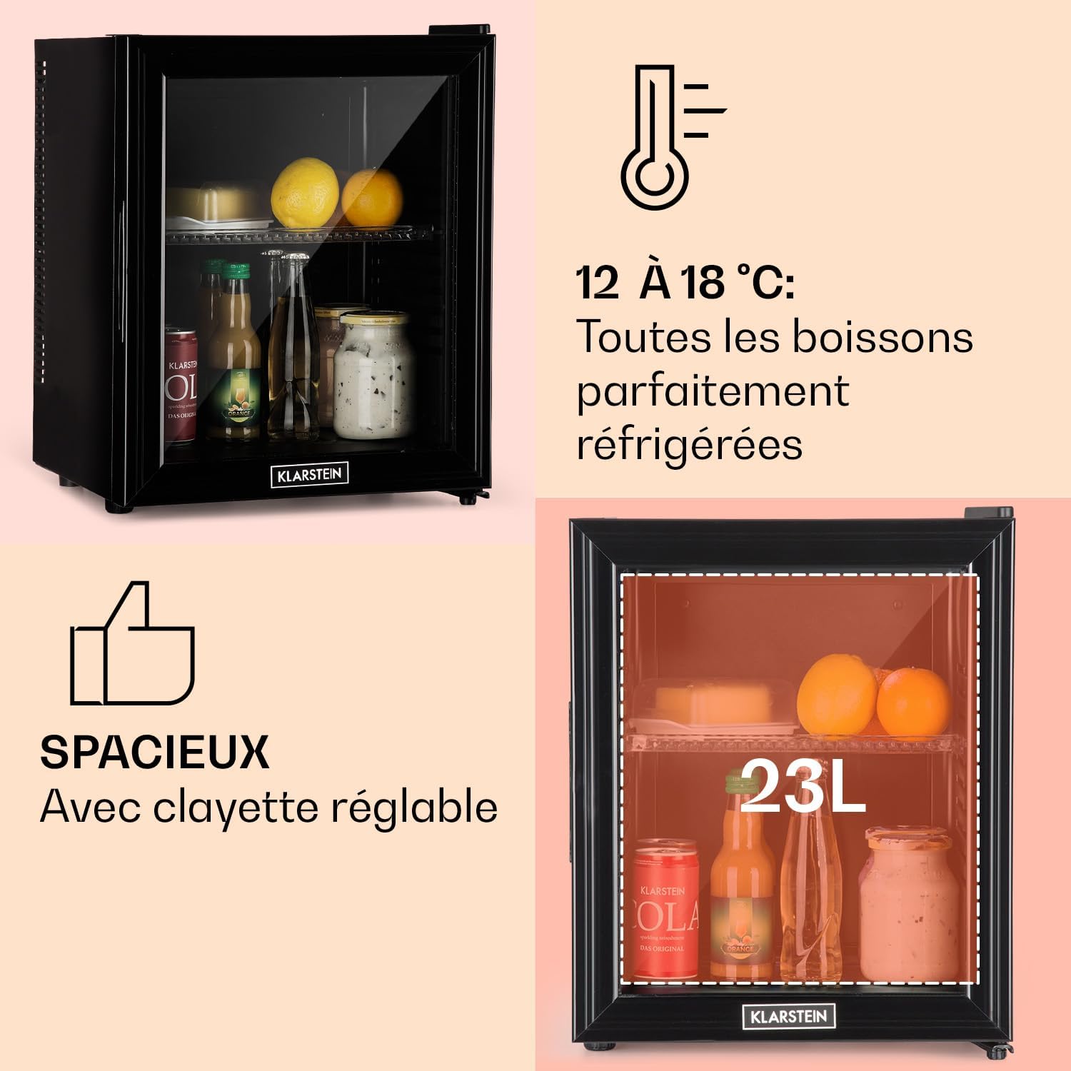 Klarstein - Brooklyn Mini - 24L, verre, étagères réglables, silencieux