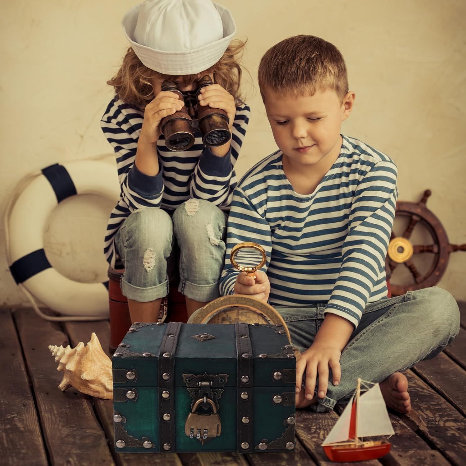 Coffre à trésor en bois vert - cadenas pirate, tiroir à bijoux, tirelire enfant, décoration - avec couvercle