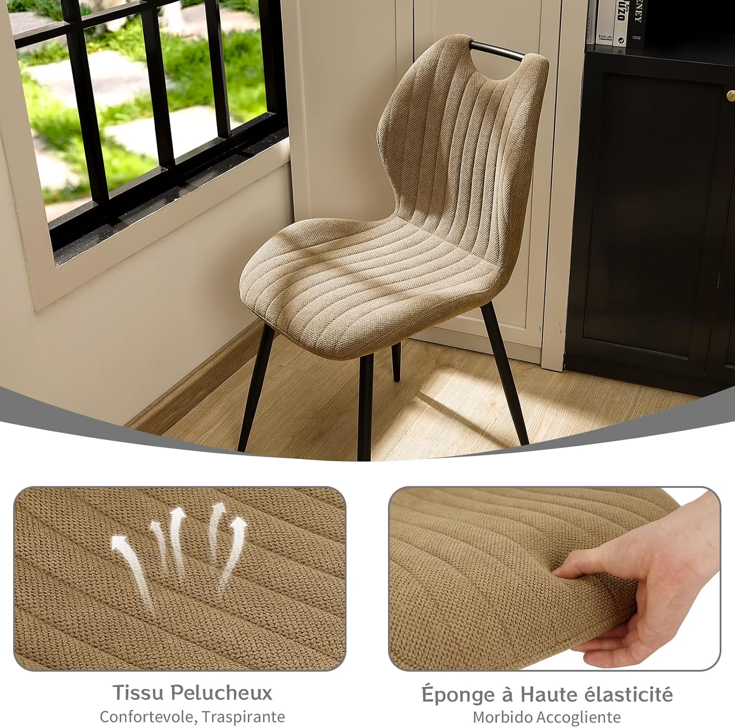 Chaises de salle à manger - tissu kaki, pieds métal, lot de 6, confortables