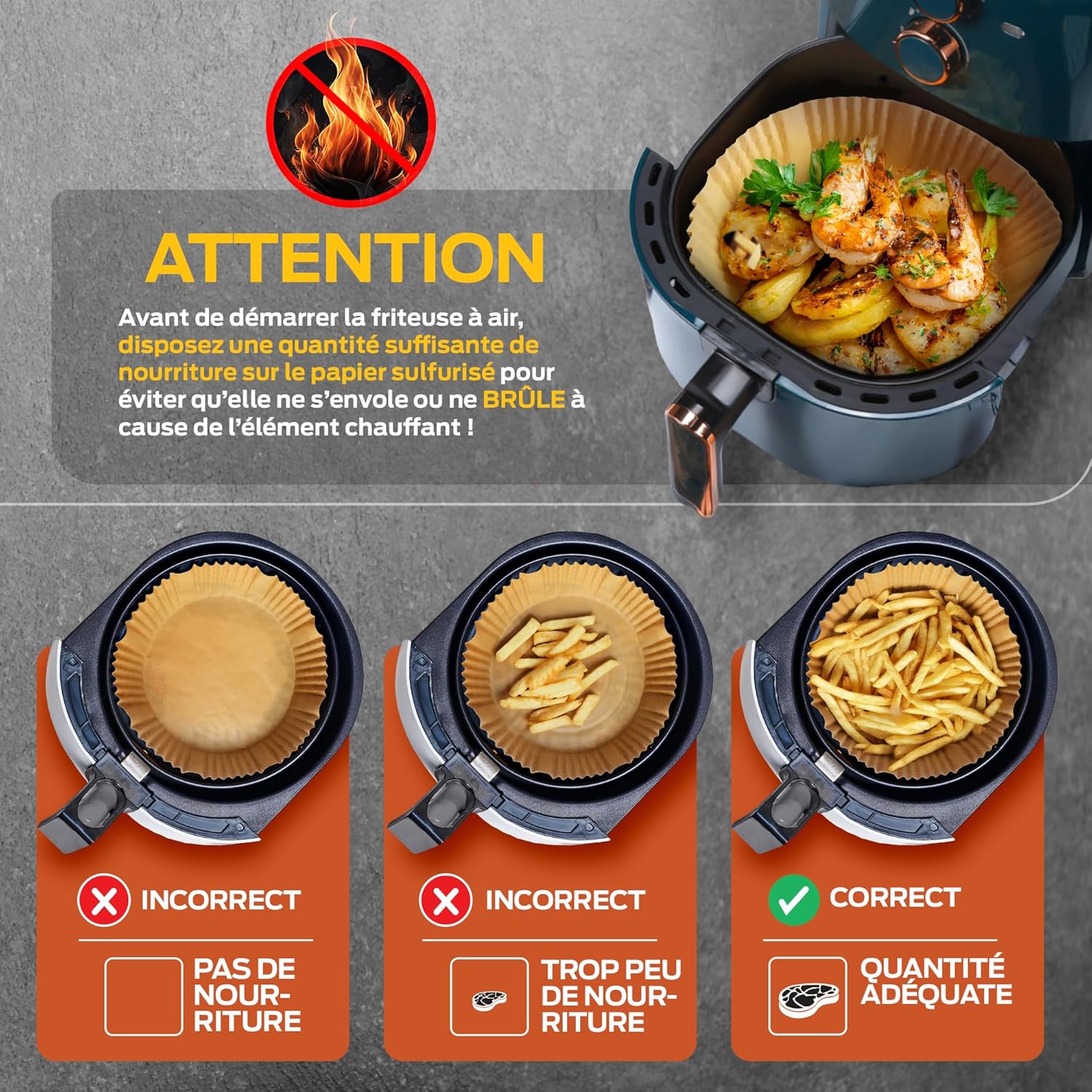 PORTENTUM - papier cuisson air fryer - 16x20cm - 100pcs BPA free, friteuses 3–4,5L