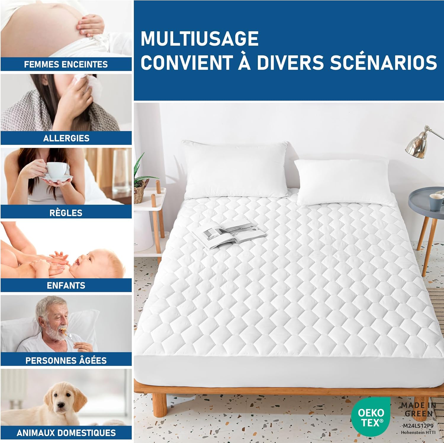 GRT - protège-matelas matelassé 160x200 cm - imperméable, Oeko-TEX, bonnet 40 cm