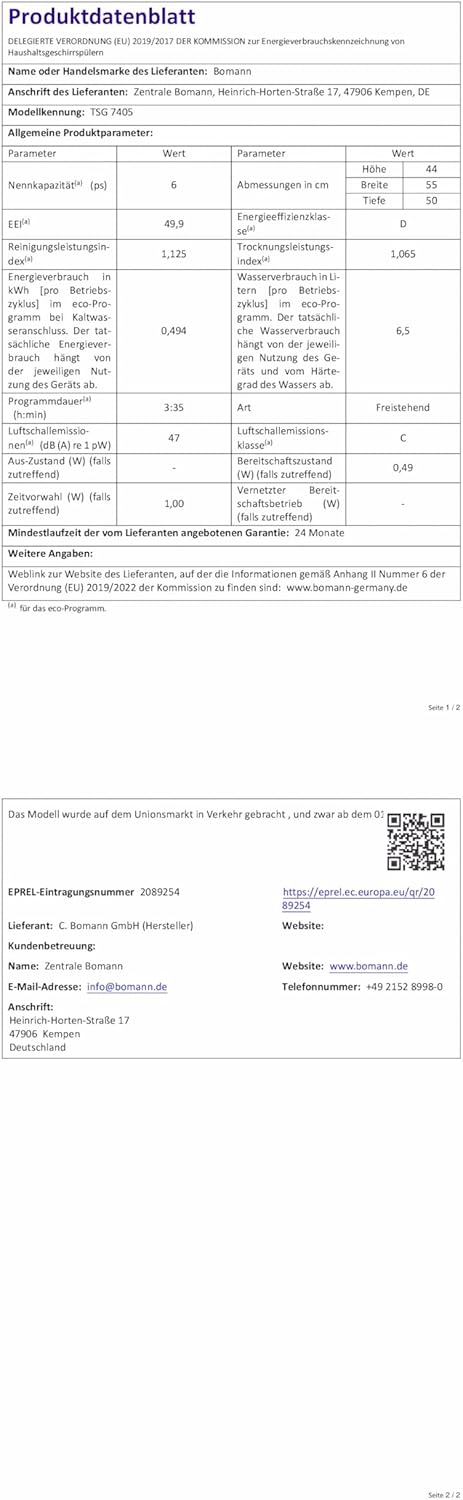 Bomann - lave-vaisselle compact - design élégant, 6 réglages, 47dB, TSG7405