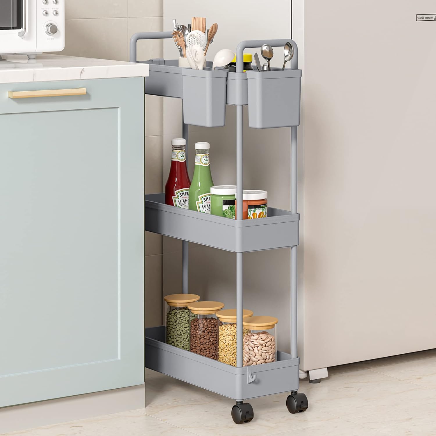 SOLEJAZZ - chariot 3 niveaux mobile gris - rangement compact cuisine, salle de bain