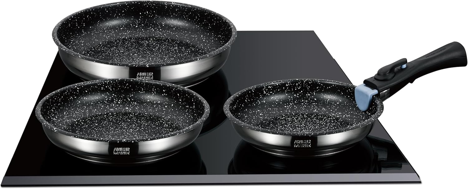 Arthur Martin - set 3 poêles inox poignée amovible induction - AM9728