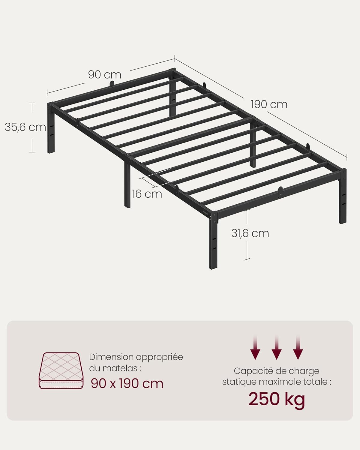 VASAGLE - cadre lit simple - 90x190 cm - métal, rangement, montage facile, RMB131B01