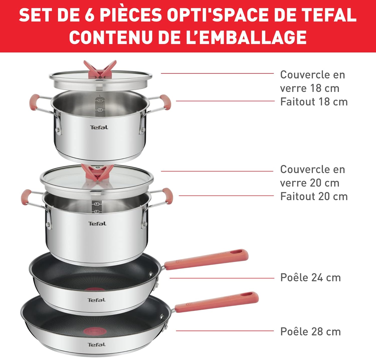 Tefal - OPTI'Space - batterie 6 pcs inox/antiadhésif, induction, G720S604