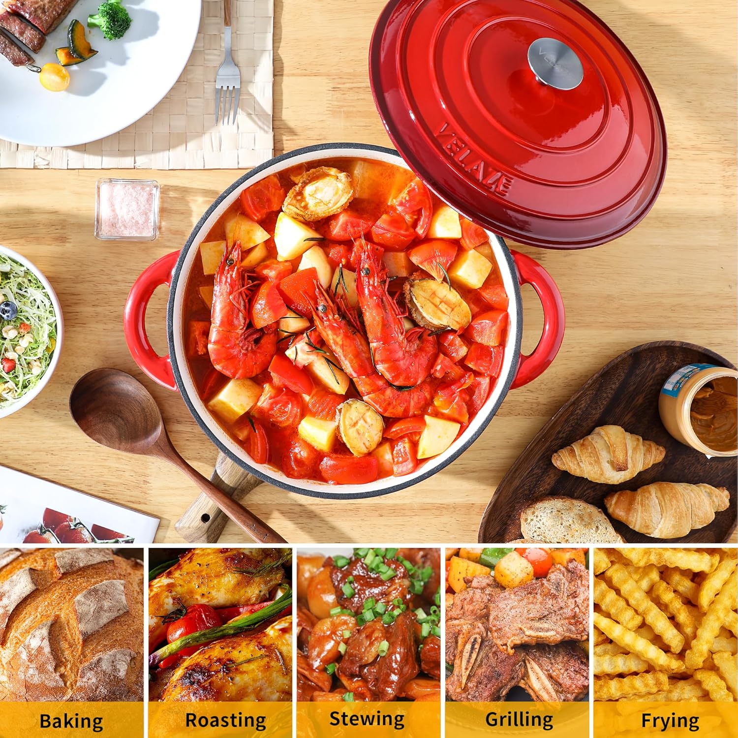 Velaze - Cocotte émaillée ronde 6.5L Ø29cm, induction, rouge