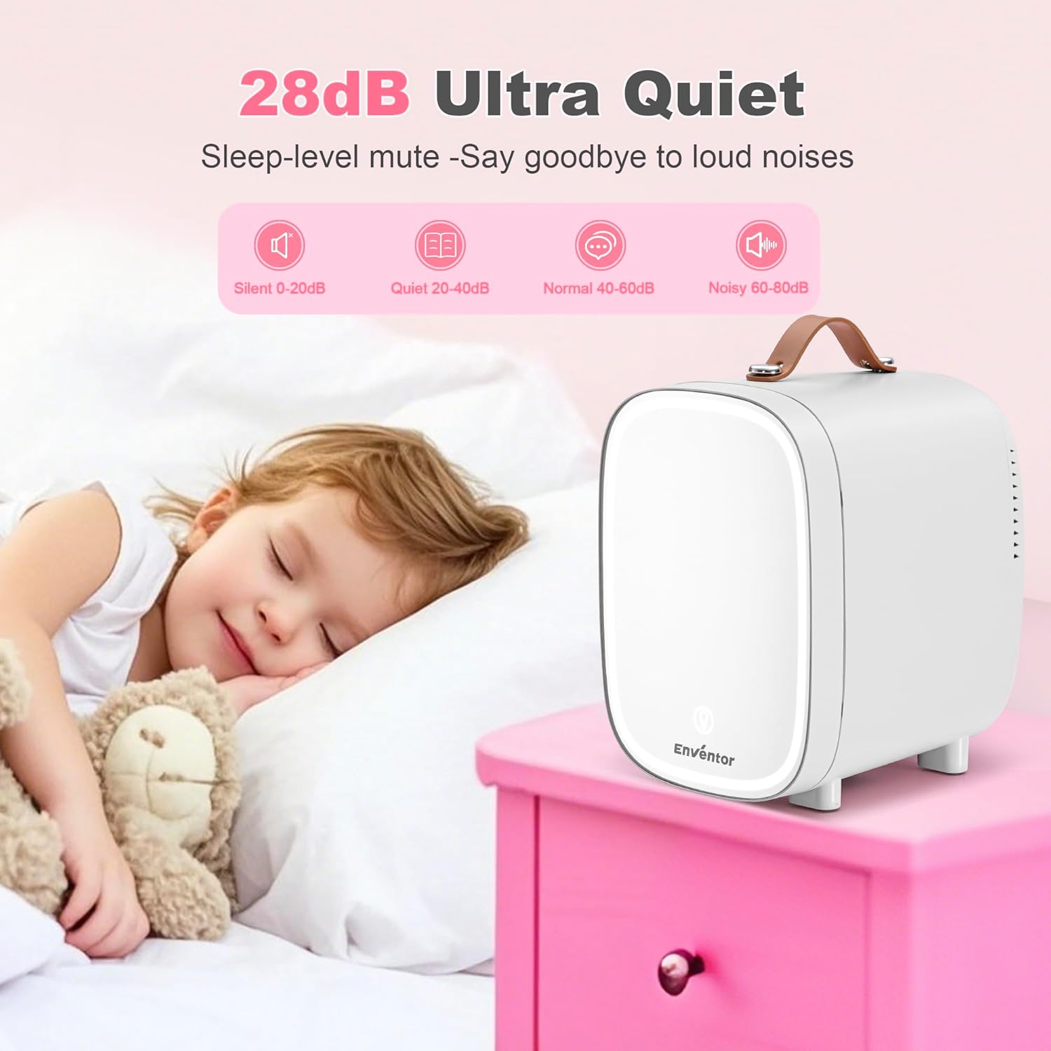 Enventor - Mini Frigo 4L - miroir LED, 6 canettes, CA/12V, blanc