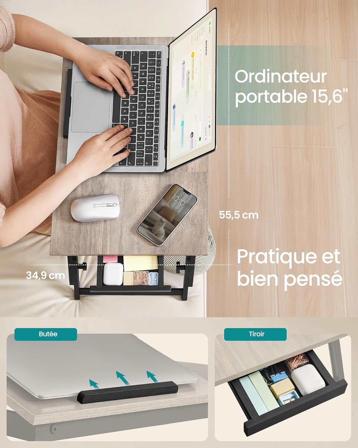 SONGMICS - Table de lit réglable, pliable, tiroir, bambou, 60x40cm - LLD105W01