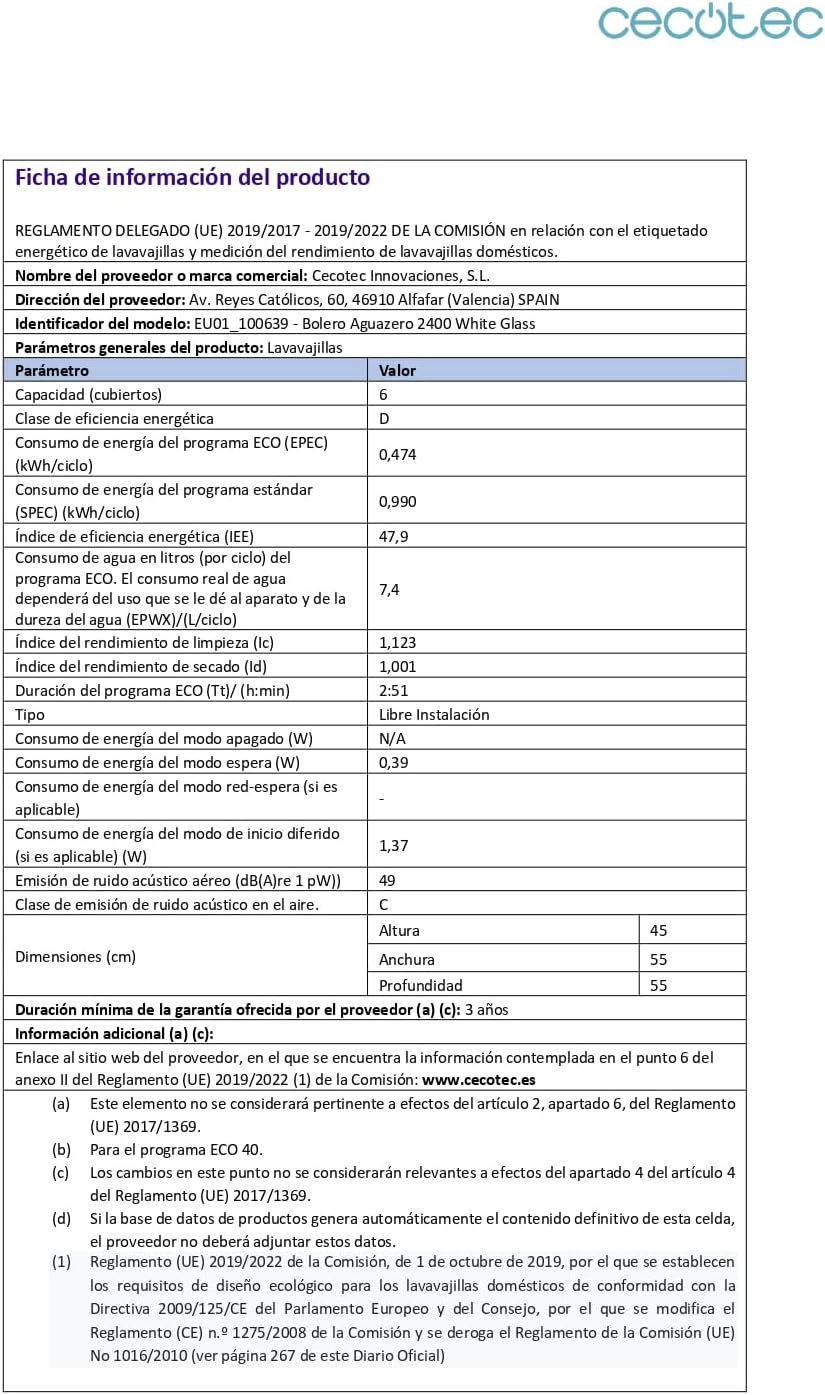Cecotec - Bolero Aguazero 2400 - compact, 6 couverts, écran tactile, 1380W