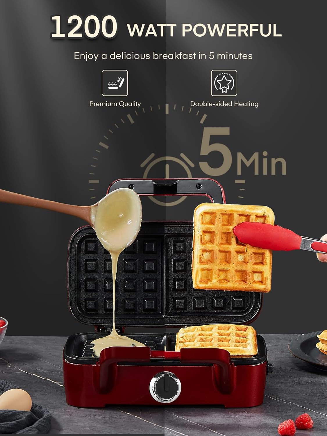 Croque Monsieur multifonction - 1200W - plaques amovibles, 5 vitesses, chauffe rapide, nettoyage facile, rouge