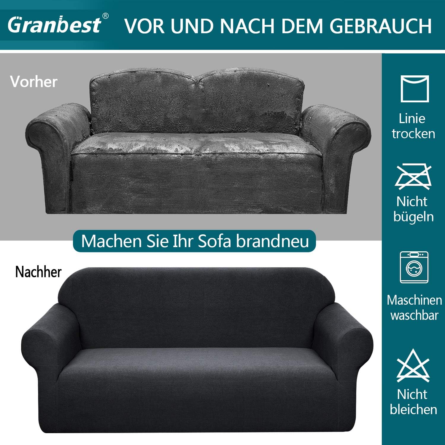 Granbest - housse canapé stretch imperméable 2 places - spandex, mousse antidérapante, noir