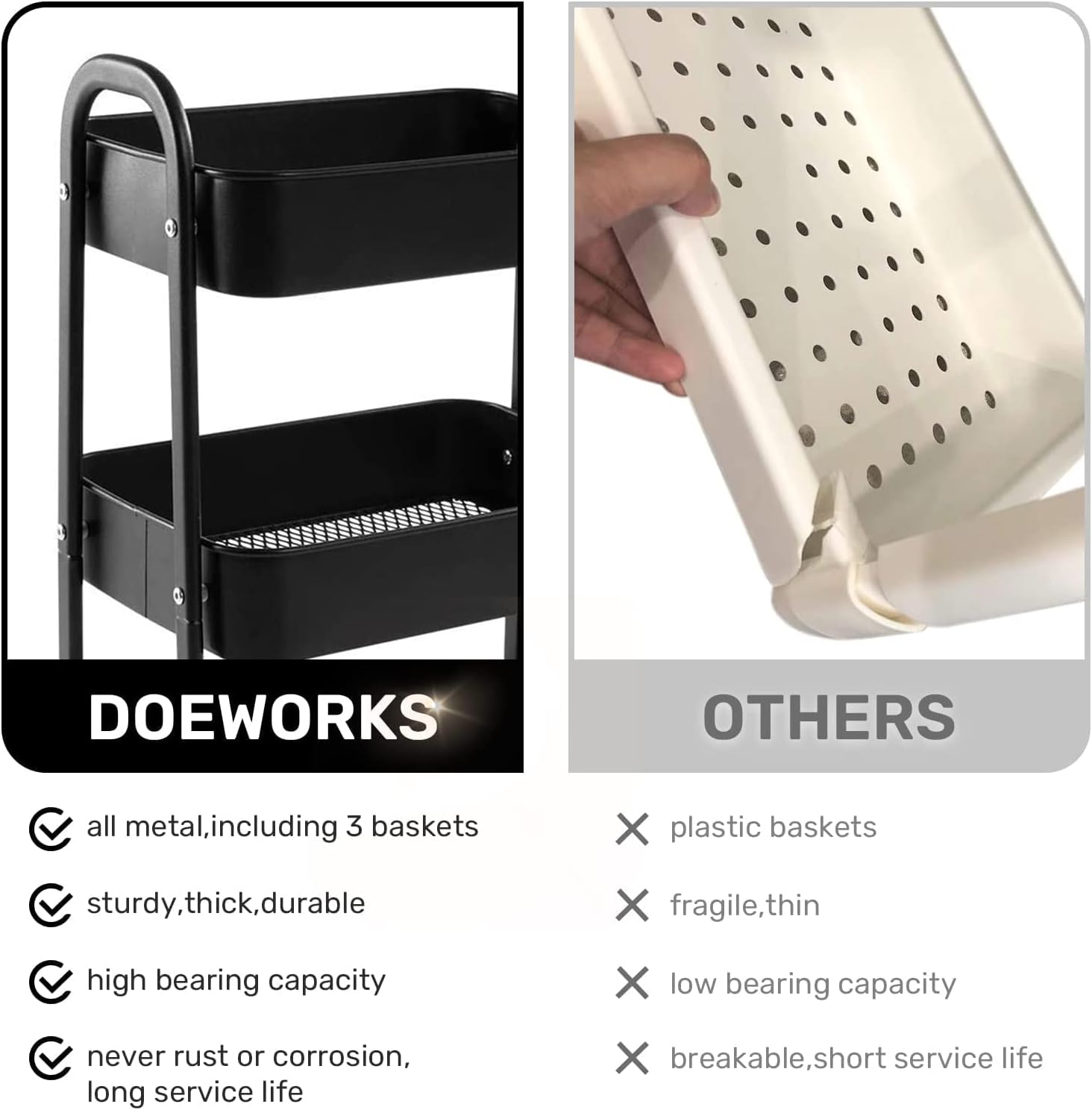 DOEWORKS - chariot 3 niveaux métal avec tiroir, roues, cuisine/bureau, noir