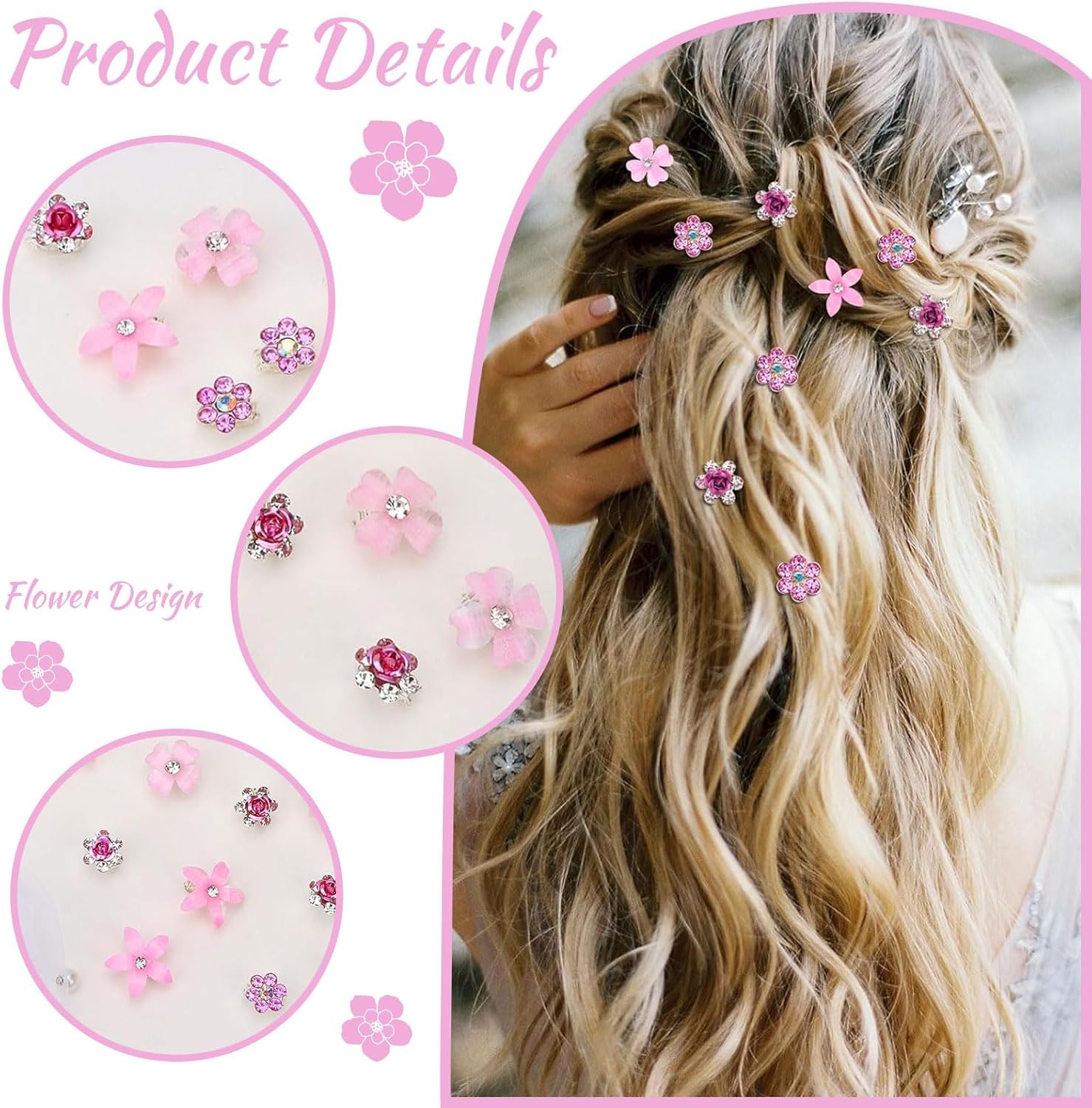 Pinces à cheveux - lot de 20, mini strass fleurs, métal, accessoires mariage