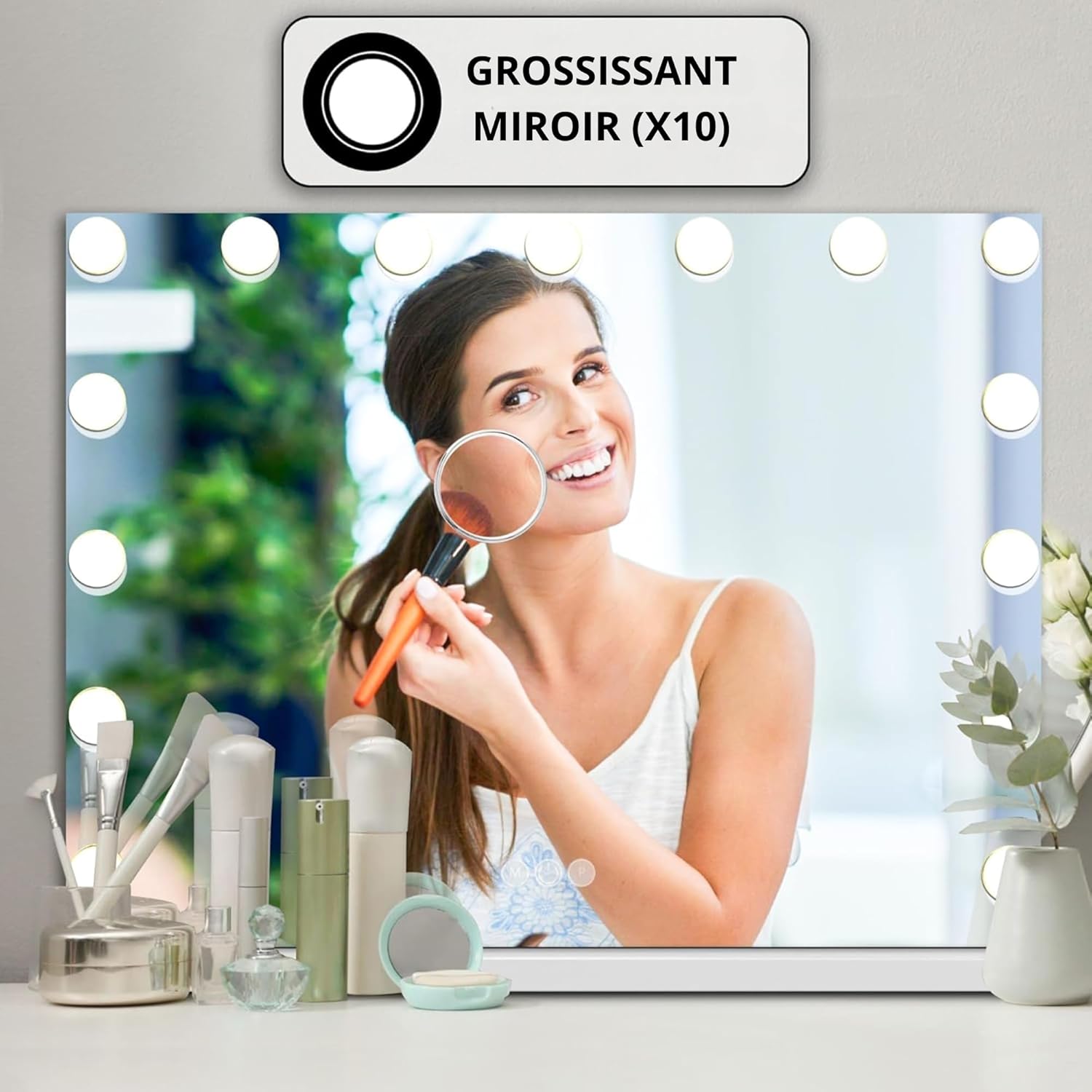 Bayt - miroir de maquillage Hollywood - 58x46cm - LED dimmable, grossissement 10x, blanc