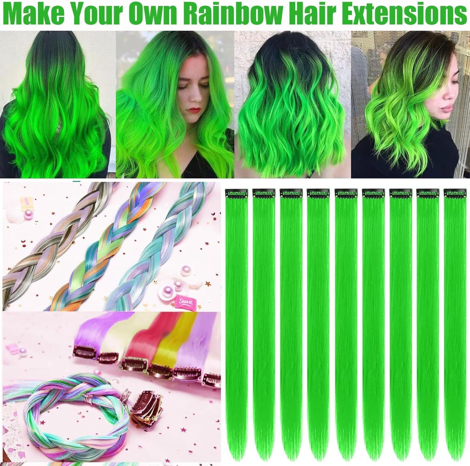 jOOceeBaby - Extensions à clip 55cm - 12 pièces vert néon naturel