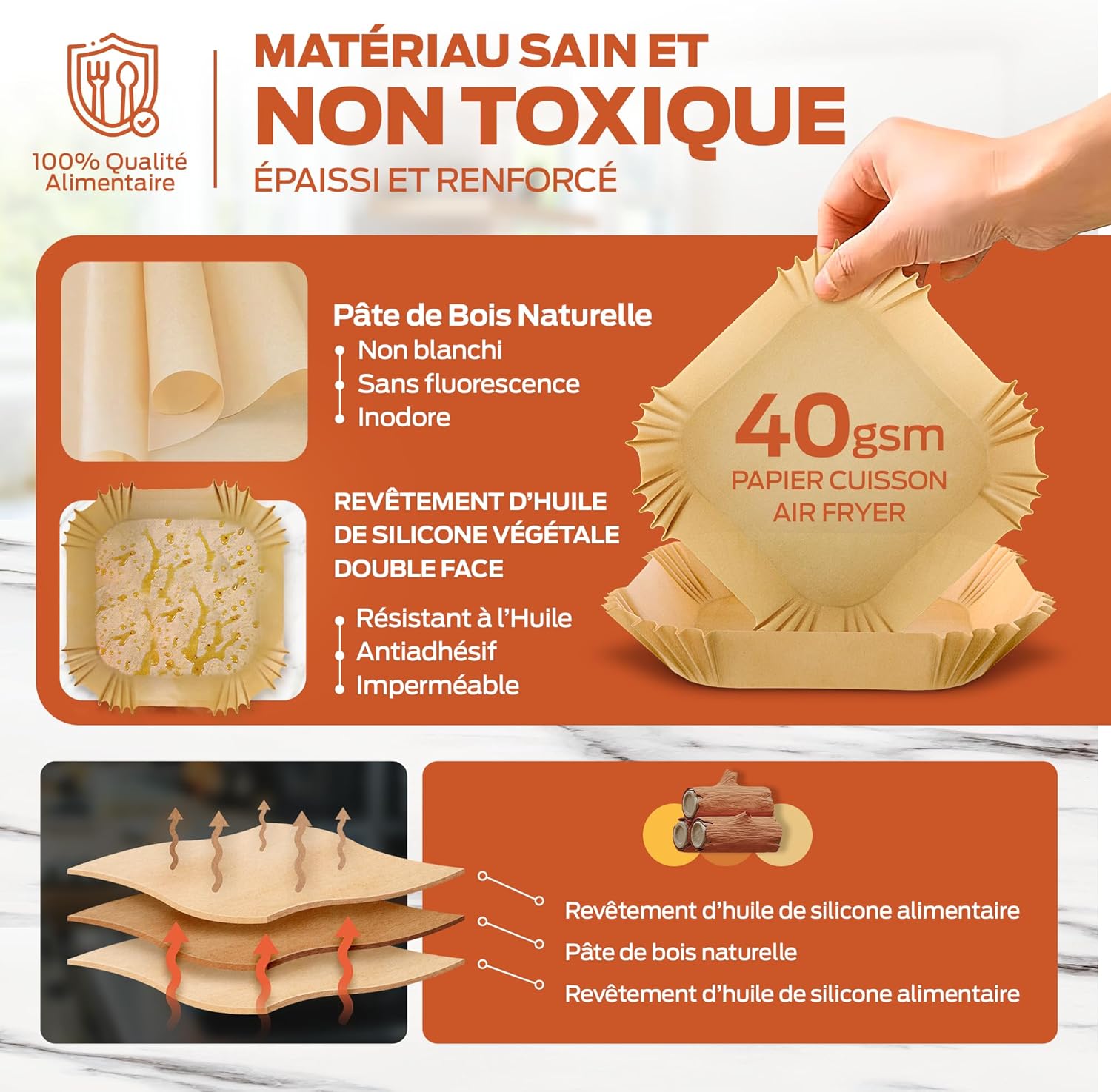 PORTENTUM - papier cuisson air fryer - 20x24 cm - 100 pièces, sans BPA, adapté 5-8L