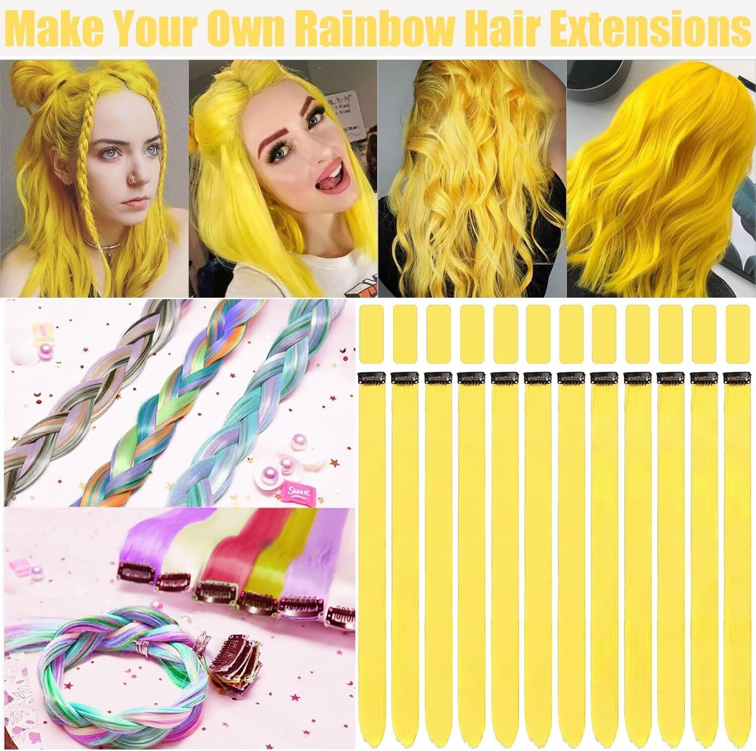 Extension de Cheveux - clip coloré jaune 22 pouces synthétique fête