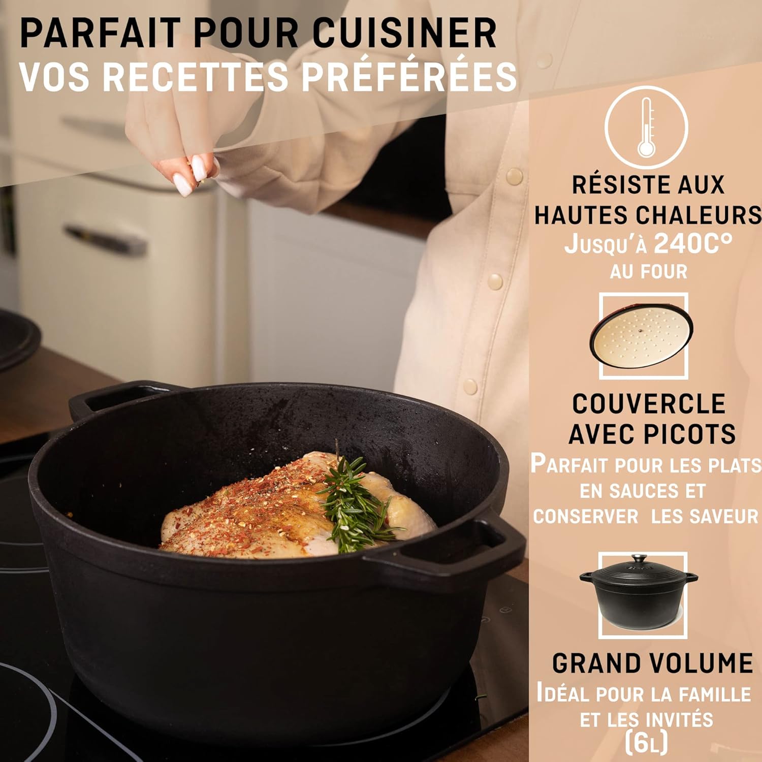 VeoHome - cocotte fonte émaillée - 28 cm 6L - induction, four, couvercle relief